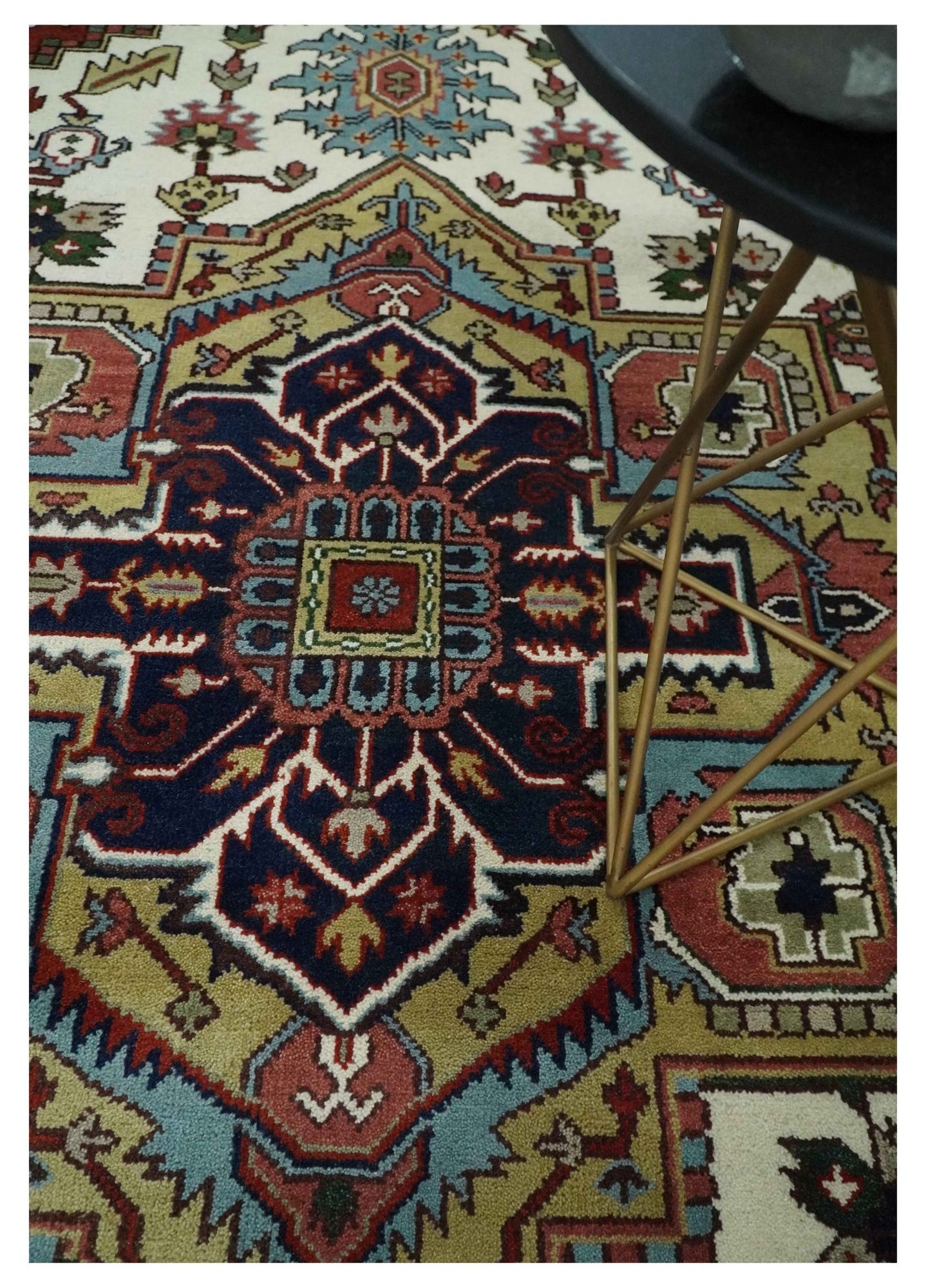 Hand Knotted Ivory, Brown and Blue Traditional Antique Style Wool Area Rug - The Rug Decor