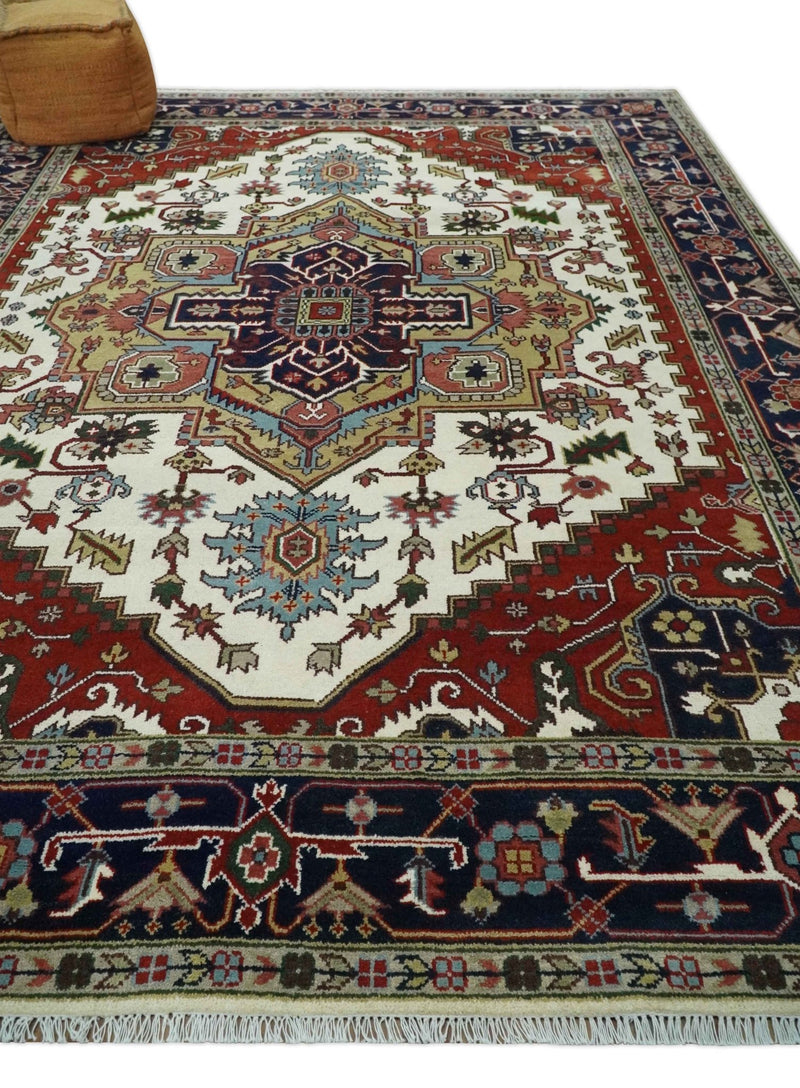 Hand Knotted Ivory, Brown and Blue Traditional Antique Style Wool Area Rug - The Rug Decor