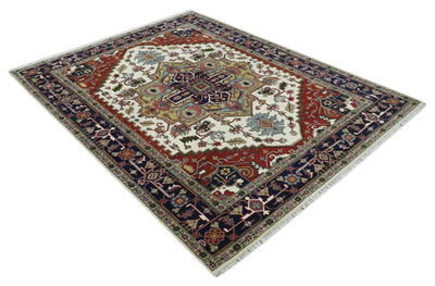 Hand Knotted Ivory, Brown and Blue Traditional Antique Style Wool Area Rug - The Rug Decor