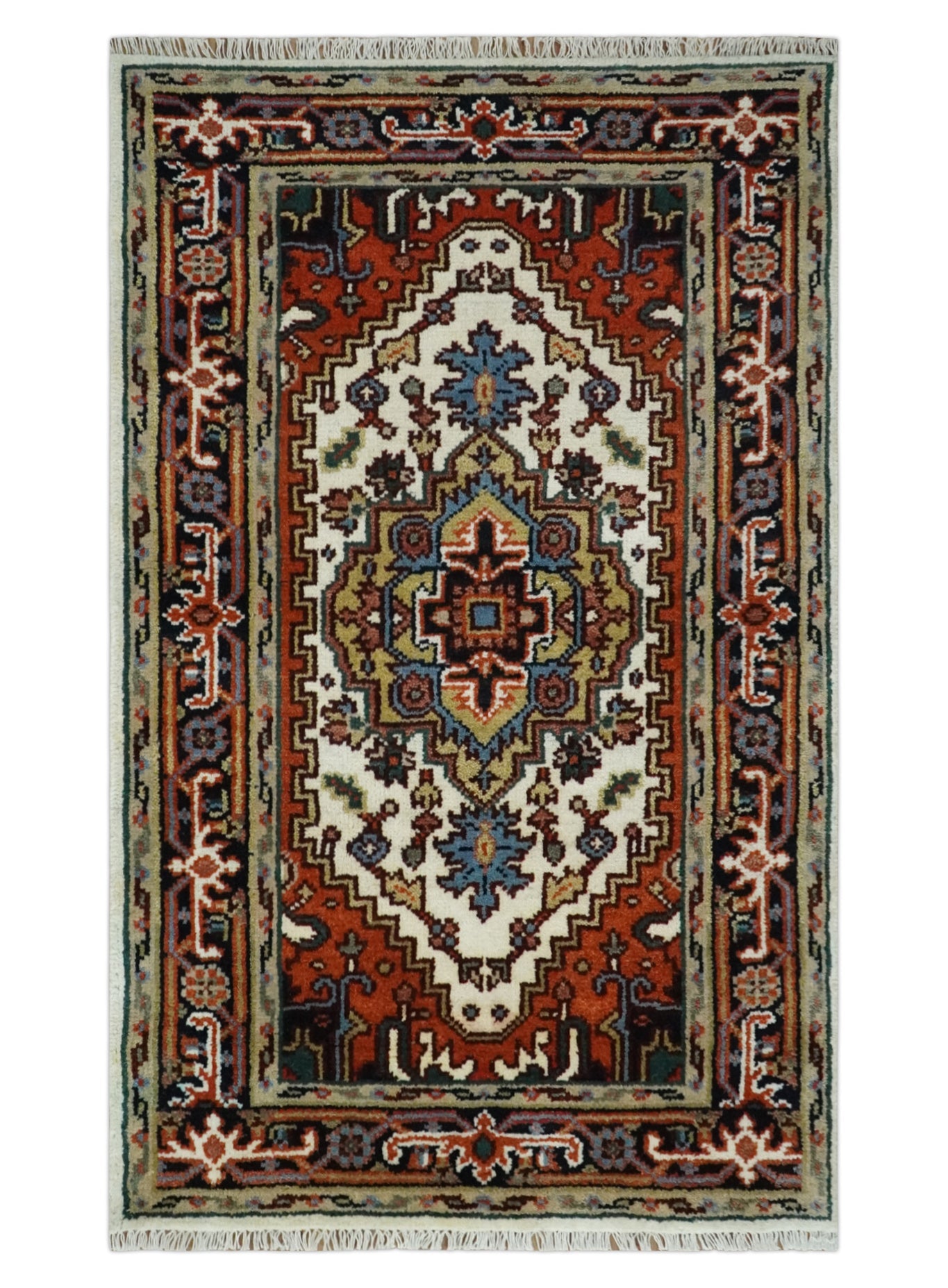 Hand Knotted Ivory, Brown and Blue Traditional Antique Style Wool Area Rug - The Rug Decor