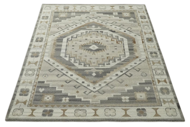 Hand Knotted Ivory, Charcoal and Beige Traditional Medallion Natural Wool Area Rug, Kids, Living Room and Bedroom Rug | MEHK11 - The Rug Decor