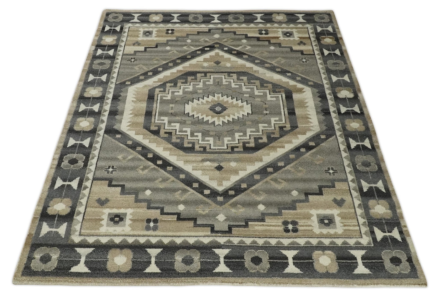 Hand Knotted Ivory, Charcoal and Beige Traditional Medallion Natural Wool Area Rug, Kids, Living Room and Bedroom Rug | MEHK8 - The Rug Decor