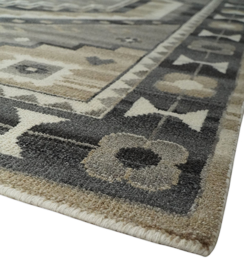Hand Knotted Ivory, Charcoal and Beige Traditional Medallion Natural Wool Area Rug, Kids, Living Room and Bedroom Rug | MEHK8 - The Rug Decor