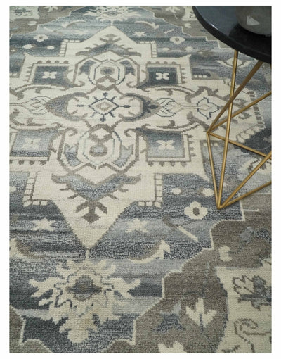Hand Knotted Ivory, Charcoal and Gray Traditional Medallion Natural Wool Area Rug, Kids, Living Room and Bedroom Rug | MEHK12 - The Rug Decor