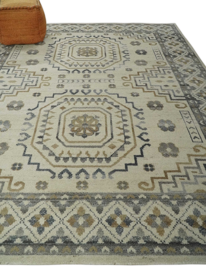 Hand Knotted Ivory, Gray and Beige Traditional Medallion Natural Wool Area Rug, Kids, Living Room and Bedroom Rug | MEHK7 - The Rug Decor