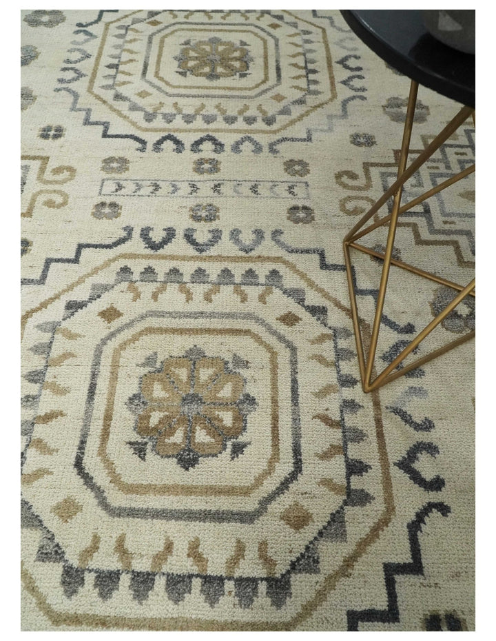 Hand Knotted Ivory, Gray and Beige Traditional Medallion Natural Wool Area Rug, Kids, Living Room and Bedroom Rug | MEHK7 - The Rug Decor