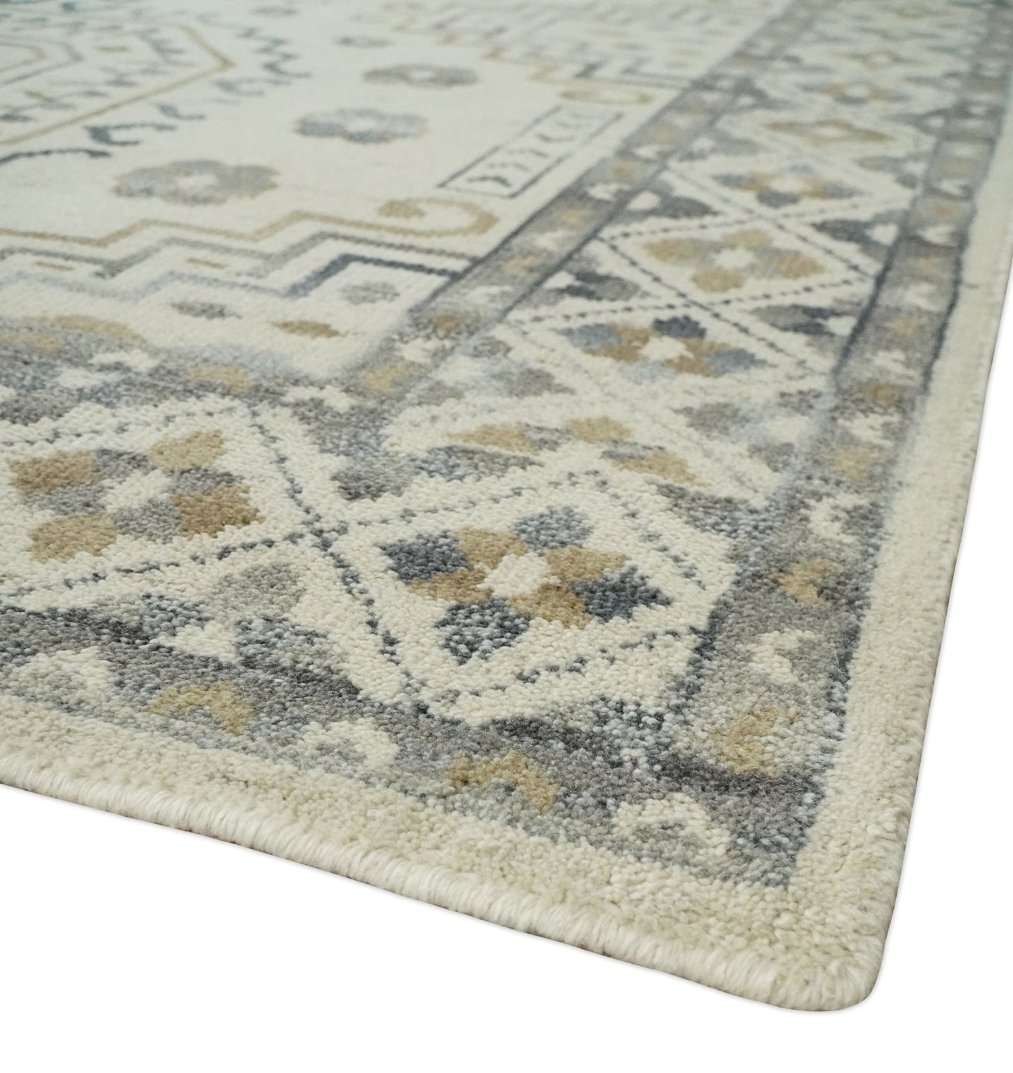 Hand Knotted Ivory, Gray and Beige Traditional Medallion Natural Wool Area Rug, Kids, Living Room and Bedroom Rug | MEHK7 - The Rug Decor