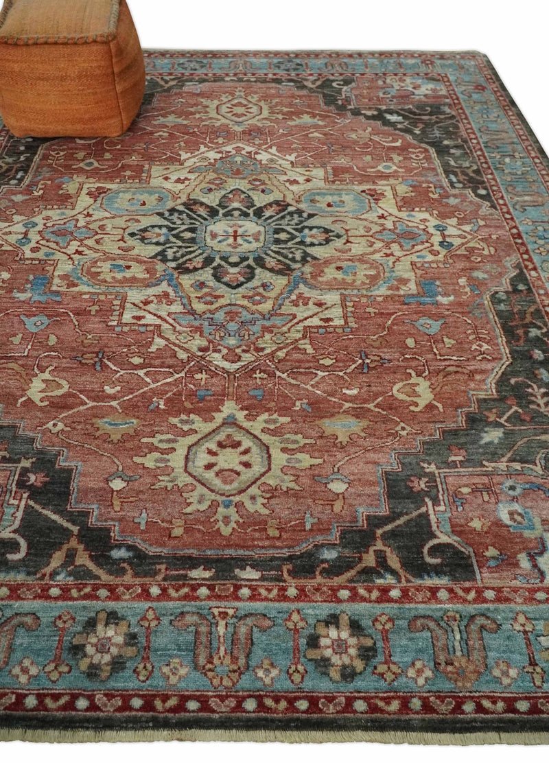 Hand Knotted Ivory, Rust and Blue Antique Persian Heriz Serapi Wool Rug, 5x8, 6x9, 8x10 and 9x12 Living Room Rug | TRD2557 - The Rug Decor