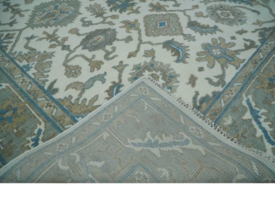Hand Knotted Ivory, Teal and Silver 9x12 Traditional Oushak Wool Area Rug - The Rug Decor