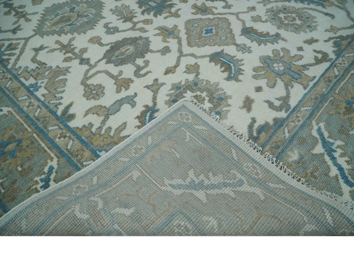 Hand Knotted Ivory, Teal and Silver 9x12 Traditional Oushak Wool Area Rug - The Rug Decor
