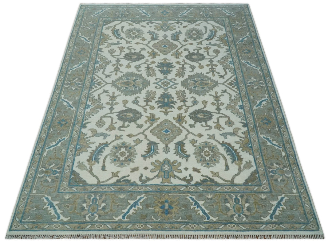 Hand Knotted Ivory, Teal and Silver 9x12 Traditional Oushak Wool Area Rug - The Rug Decor