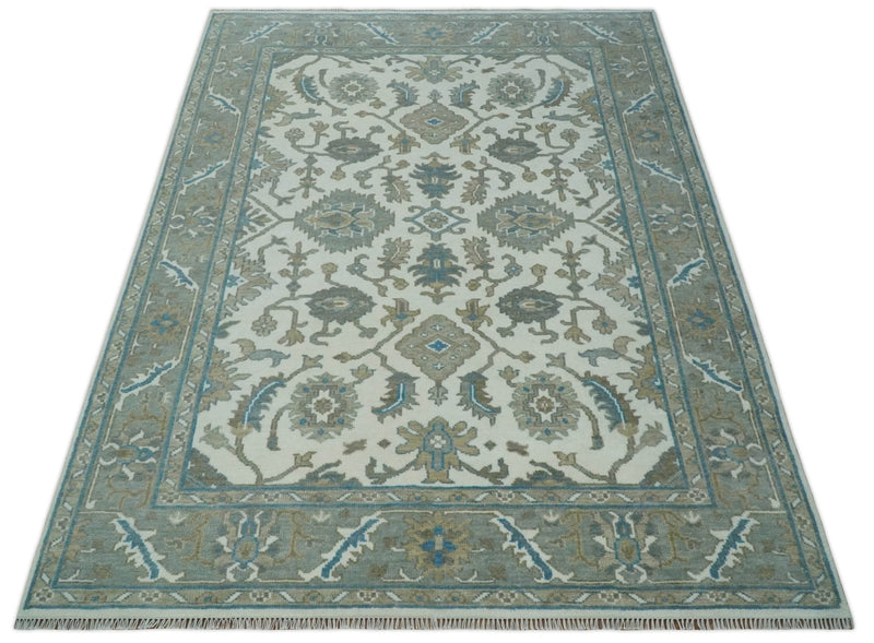 Hand Knotted Ivory, Teal and Silver 9x12 Traditional Oushak Wool Area Rug - The Rug Decor