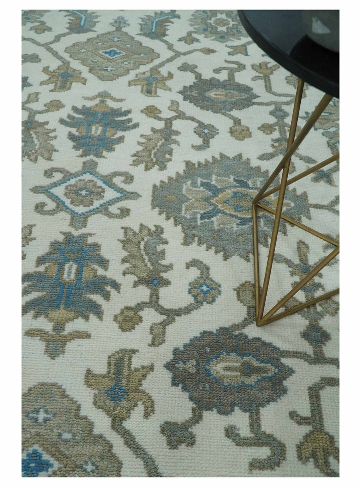 Hand Knotted Ivory, Teal and Silver 9x12 Traditional Oushak Wool Area Rug - The Rug Decor