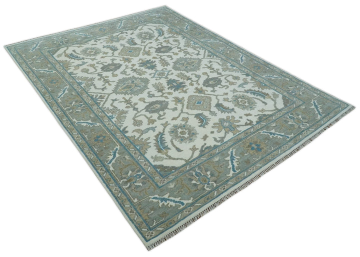 Hand Knotted Ivory, Teal and Silver 9x12 Traditional Oushak Wool Area Rug - The Rug Decor