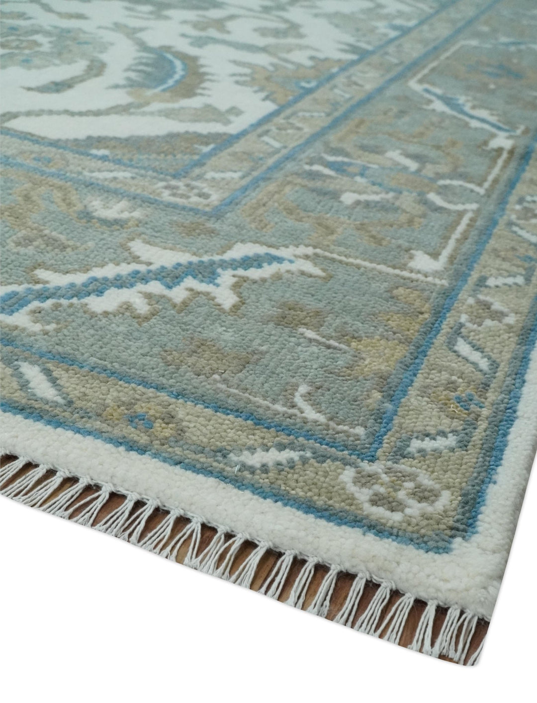Hand Knotted Ivory, Teal and Silver 9x12 Traditional Oushak Wool Area Rug - The Rug Decor