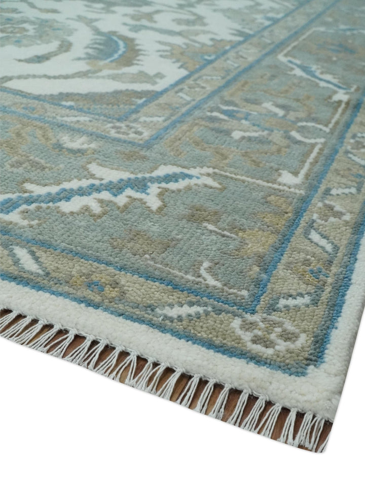 Hand Knotted Ivory, Teal and Silver 9x12 Traditional Oushak Wool Area Rug - The Rug Decor