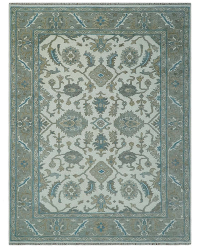 Hand Knotted Ivory, Teal and Silver 9x12 Traditional Oushak Wool Area Rug - The Rug Decor