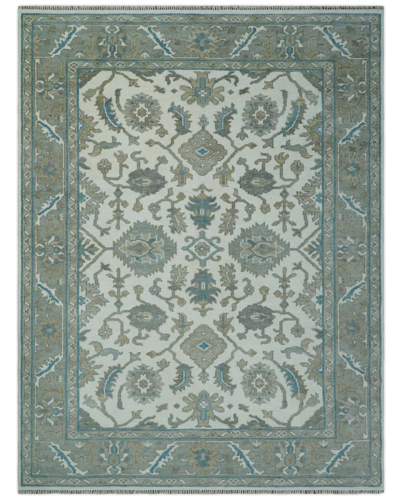 Hand Knotted Ivory, Teal and Silver 9x12 Traditional Oushak Wool Area Rug - The Rug Decor