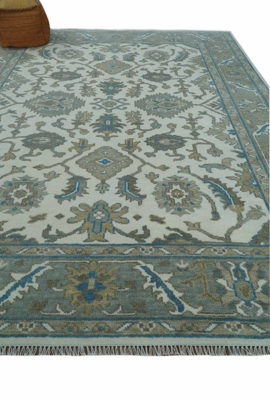 Hand Knotted Ivory, Teal and Silver 9x12 Traditional Oushak Wool Area Rug - The Rug Decor