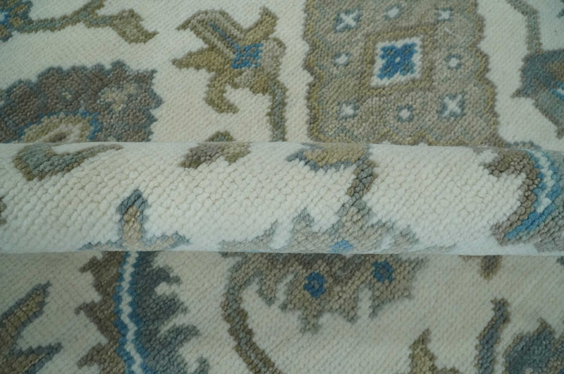 Hand Knotted Ivory, Teal and Silver 9x12 Traditional Oushak Wool Area Rug - The Rug Decor