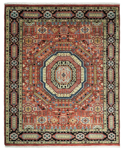 Hand Knotted Kazak Medallion 8x10 Rust and Black Traditional Persian Rug | TRDCP103810 - The Rug Decor