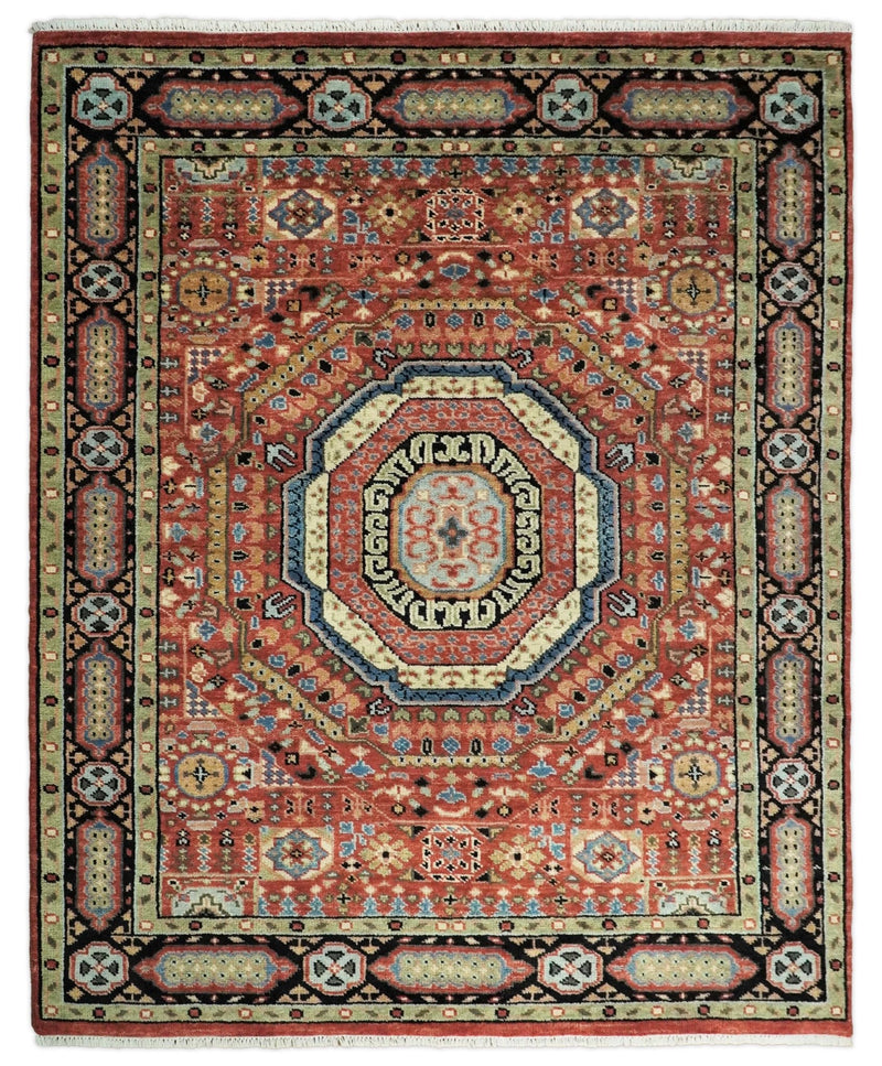 Hand Knotted Kazak Medallion 8x10 Rust and Black Traditional Persian Rug | TRDCP103810 - The Rug Decor
