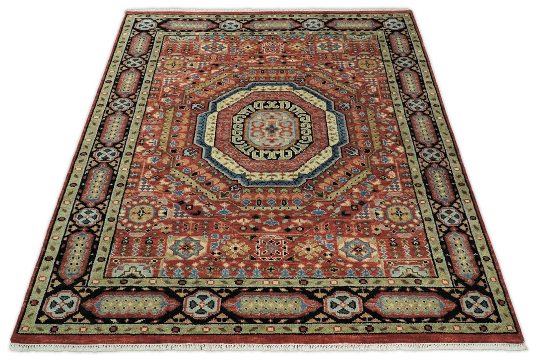 Hand Knotted Kazak Medallion 8x10 Rust and Black Traditional Persian Rug | TRDCP103810 - The Rug Decor