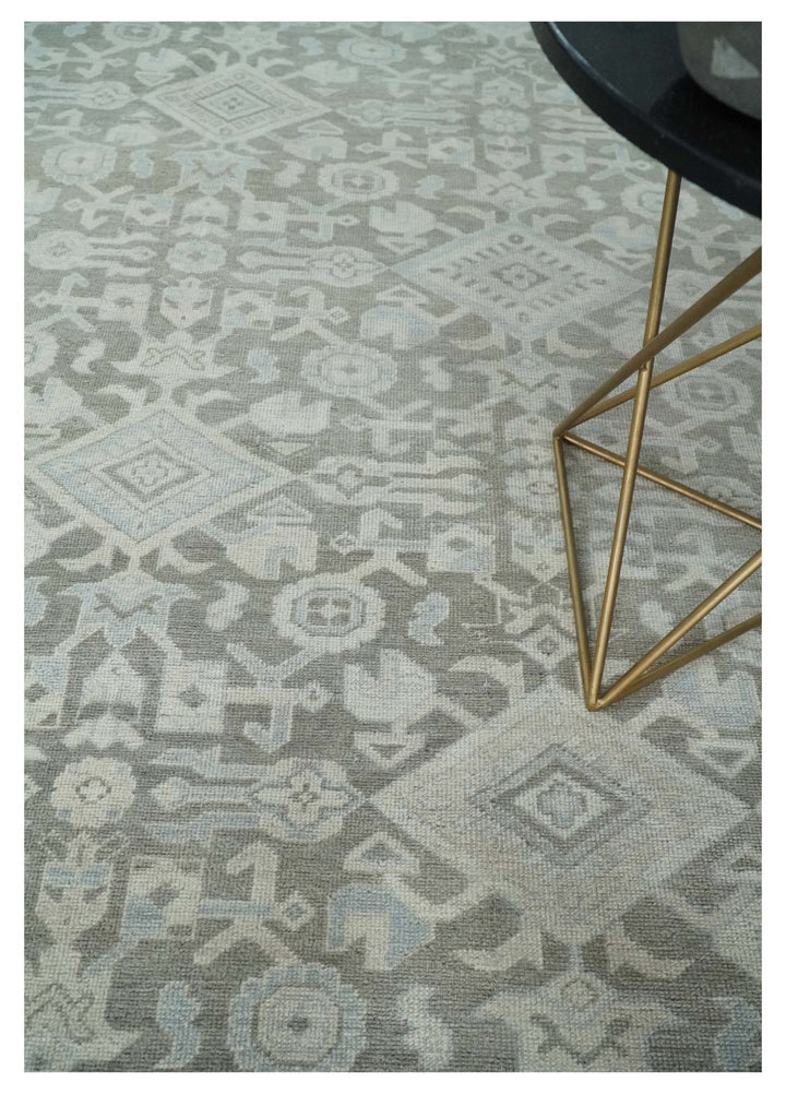 Hand Knotted Low Pile 8x10 Brown, Ivory and Blue Traditional Design Wool Area Rug - The Rug Decor