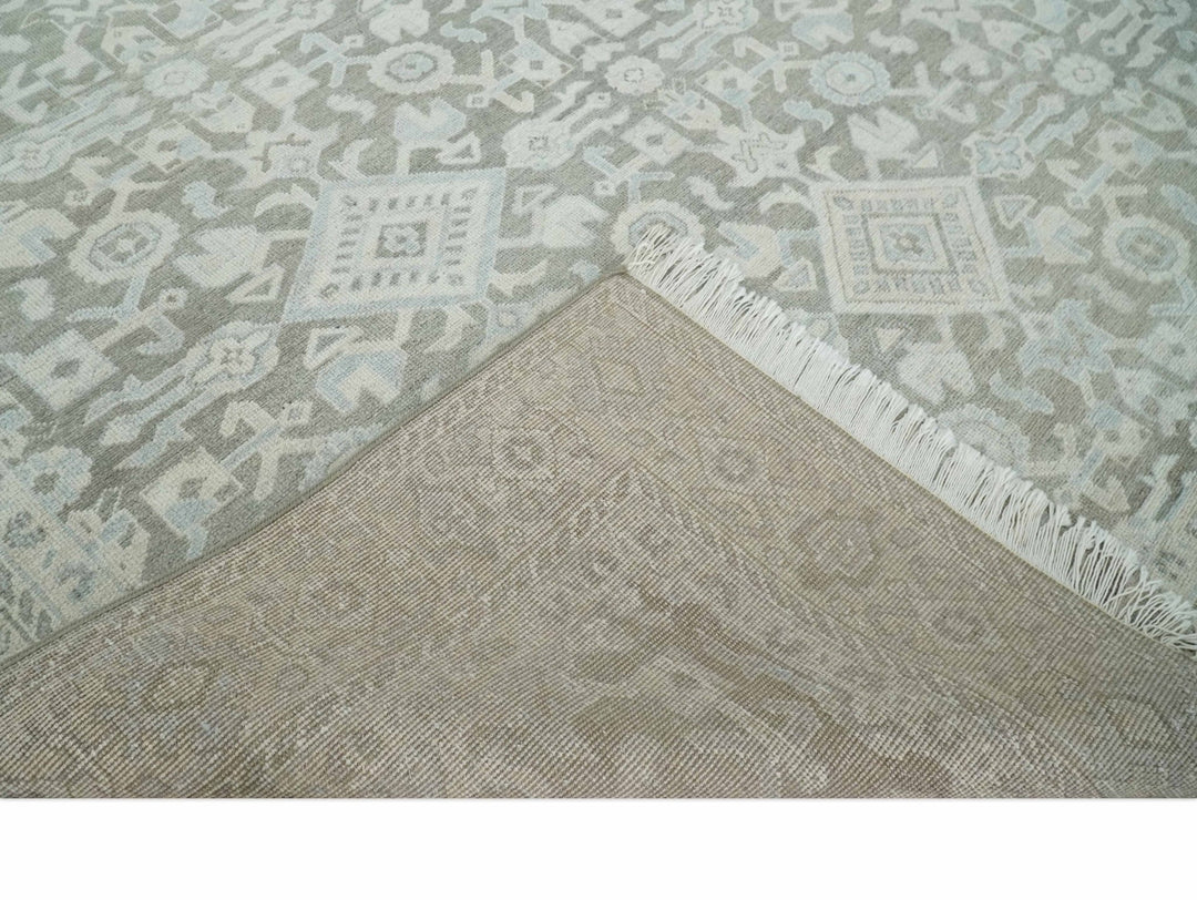 Hand Knotted Low Pile 8x10 Brown, Ivory and Blue Traditional Design Wool Area Rug - The Rug Decor