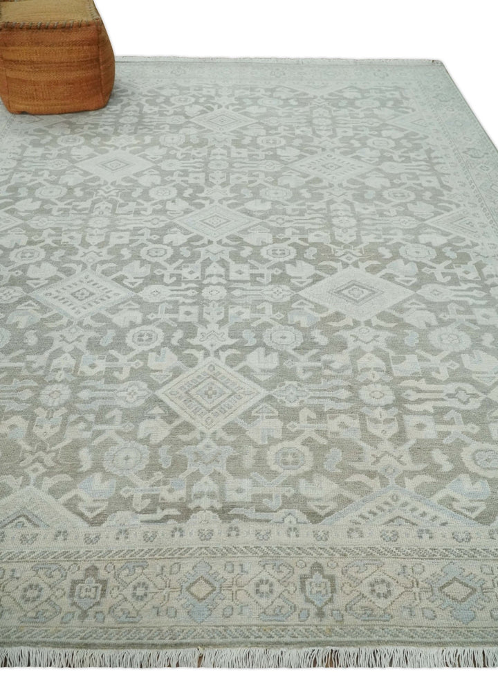 Hand Knotted Low Pile 8x10 Brown, Ivory and Blue Traditional Design Wool Area Rug - The Rug Decor