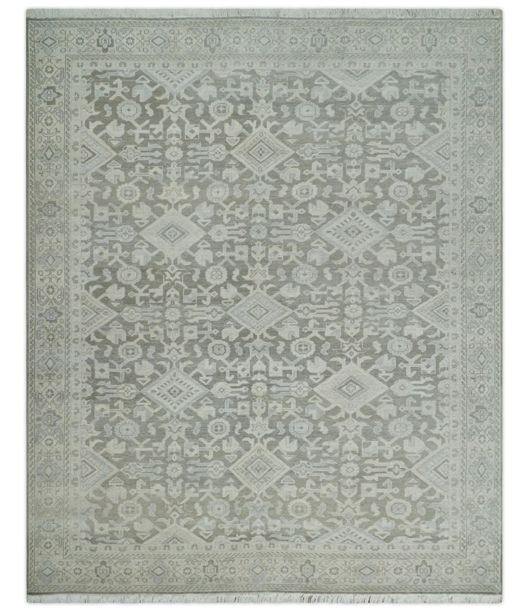 Hand Knotted Low Pile 8x10 Brown, Ivory and Blue Traditional Design Wool Area Rug - The Rug Decor