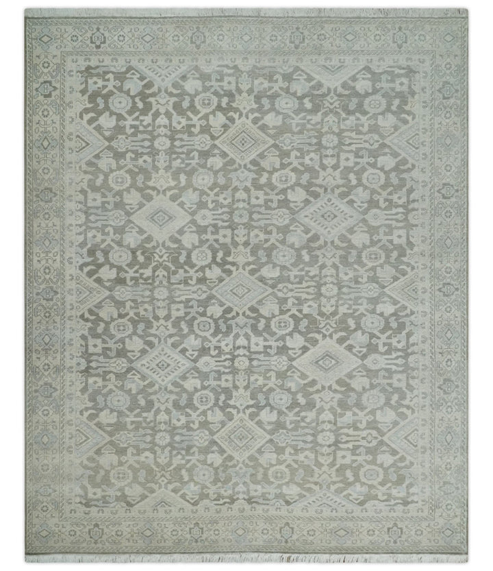 Hand Knotted Low Pile 8x10 Brown, Ivory and Blue Traditional Design Wool Area Rug - The Rug Decor