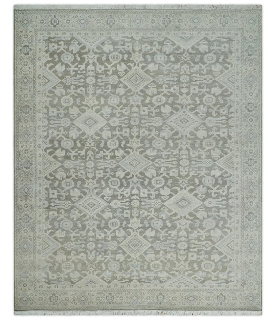 Hand Knotted Low Pile 8x10 Brown, Ivory and Blue Traditional Design Wool Area Rug - The Rug Decor