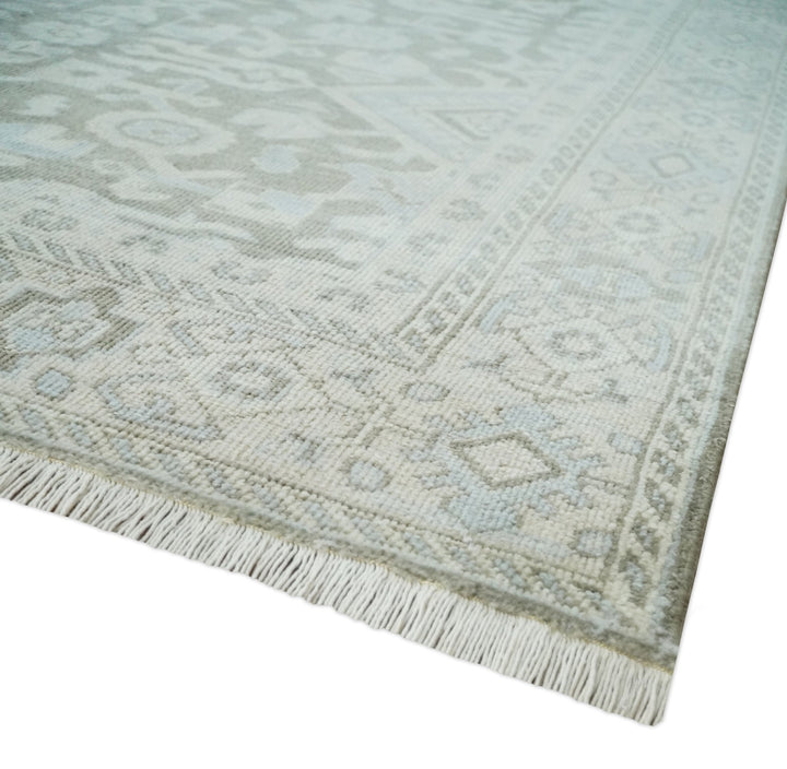 Hand Knotted Low Pile 8x10 Brown, Ivory and Blue Traditional Design Wool Area Rug - The Rug Decor
