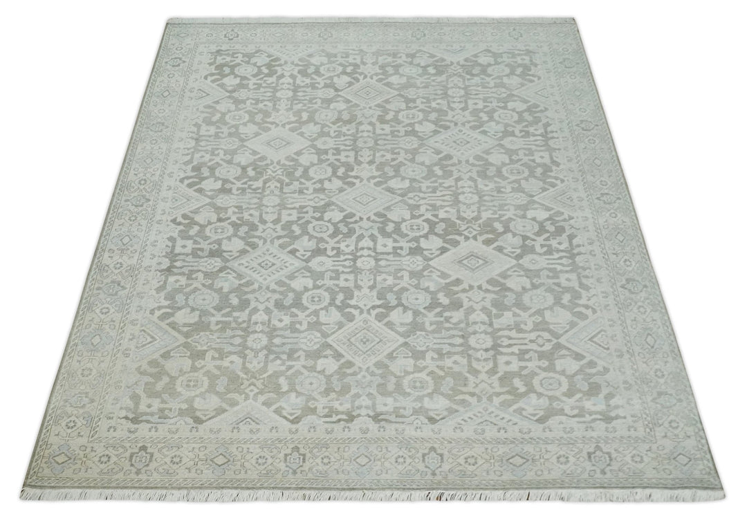 Hand Knotted Low Pile 8x10 Brown, Ivory and Blue Traditional Design Wool Area Rug - The Rug Decor