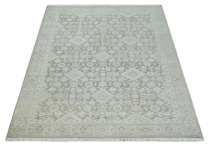 Hand Knotted Low Pile 8x10 Brown, Ivory and Blue Traditional Design Wool Area Rug - The Rug Decor