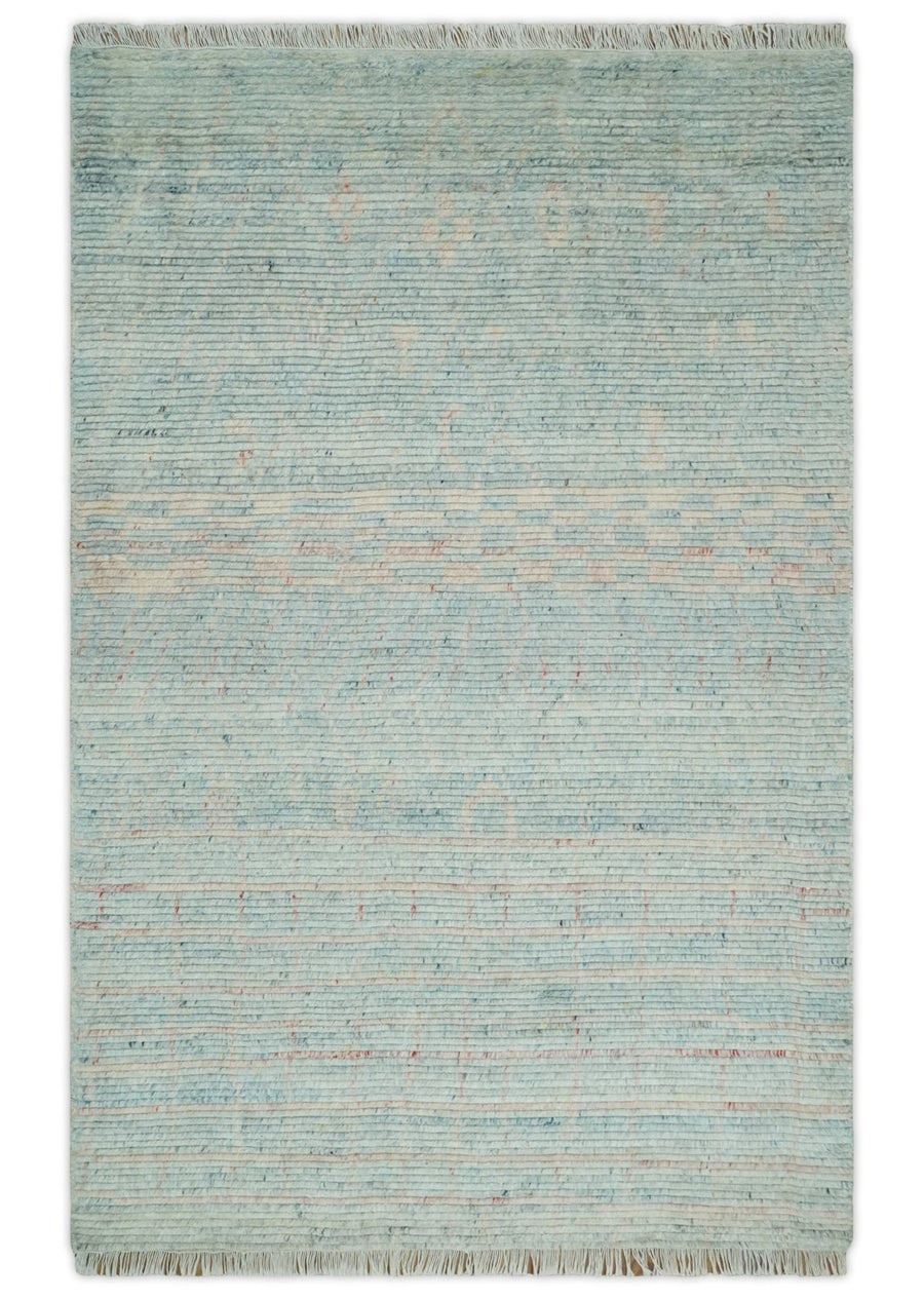 Hand Knotted Modern Abstract Blue and Peach Trellis Moroccan Rug Made with Blended Wool 5x8, 8x10 and 9x12 | UL35 - The Rug Decor