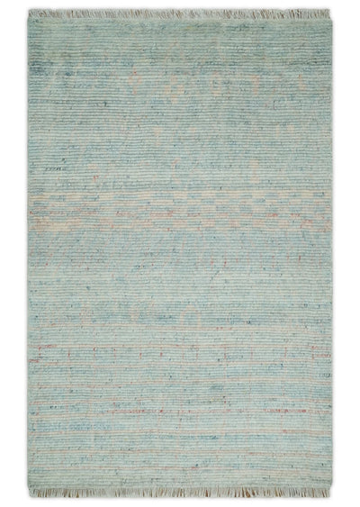 Hand Knotted Modern Abstract Blue and Peach Trellis Moroccan Rug Made with Blended Wool 5x8, 8x10 and 9x12 | UL35 - The Rug Decor