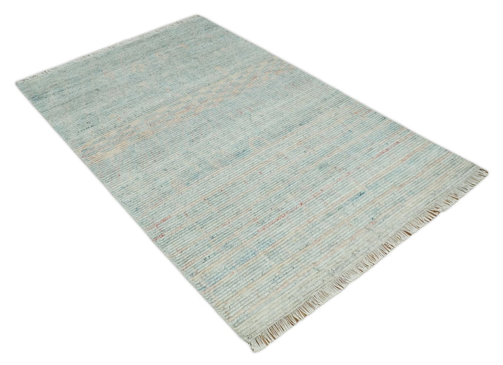 Hand Knotted Modern Abstract Blue and Peach Trellis Moroccan Rug Made with Blended Wool 5x8, 8x10 and 9x12 | UL35 - The Rug Decor