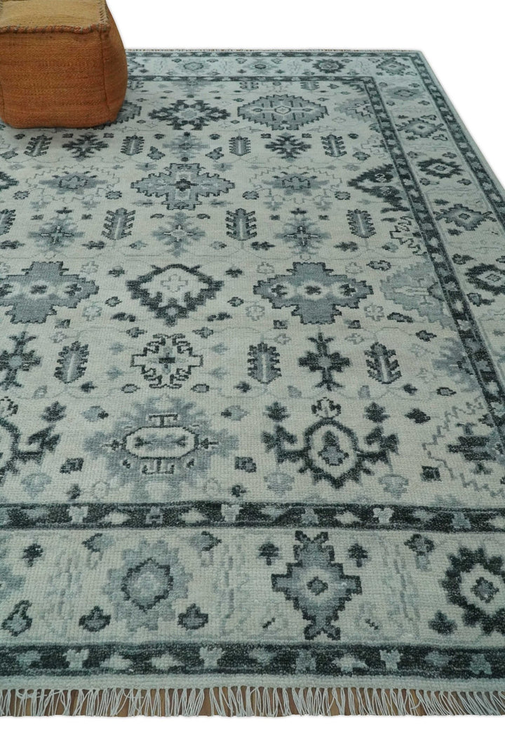 Hand Knotted Multi size 8x10 Ivory, Silver and Charcoal Antique Turkish Oushak Wool Area Rug | TRD2790 - The Rug Decor