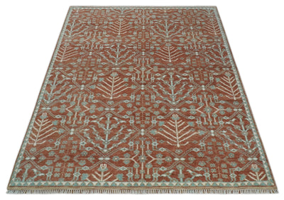 Hand knotted Multi Size Rust and Aqua Floral wool Area Rug - The Rug Decor