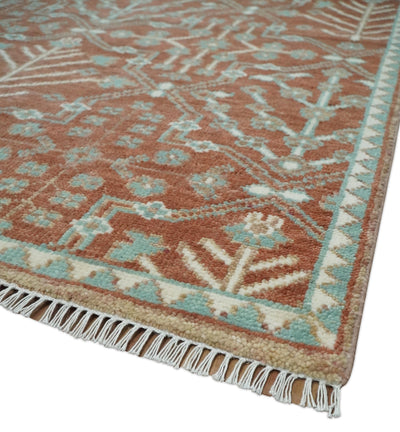 Hand knotted Multi Size Rust and Aqua Floral wool Area Rug - The Rug Decor