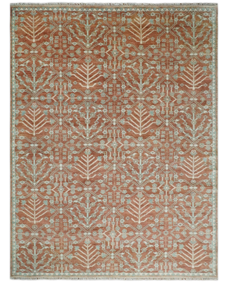 Hand knotted Multi Size Rust and Aqua Floral wool Area Rug - The Rug Decor