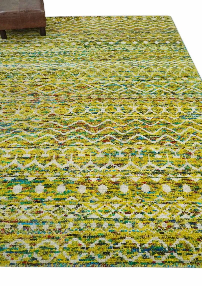Hand Knotted Mustard, Aqua, Brown and Ivory 5.6x8.6 Modern Contemporary Southwestern Tribal Trellis Recycled Art Silk Area Rug - The Rug Decor