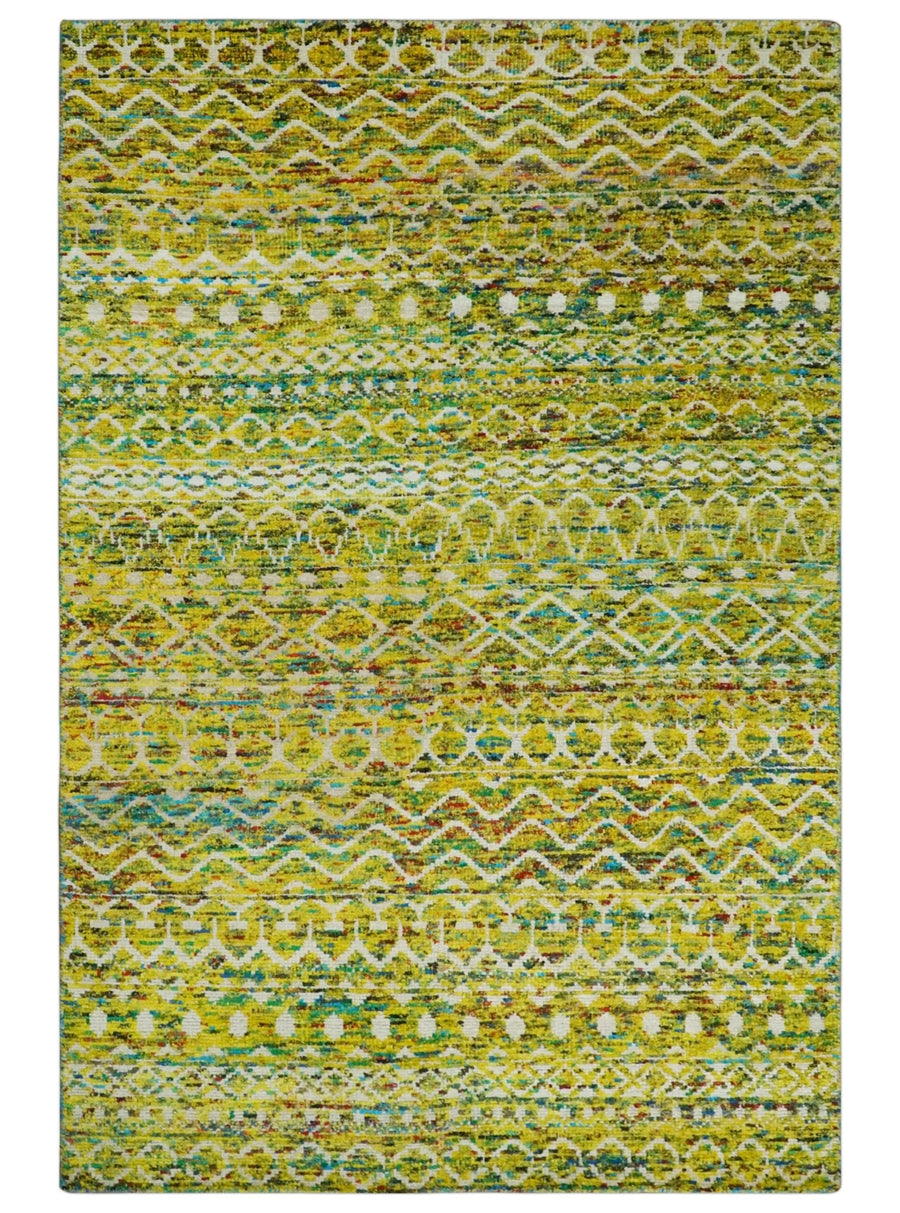 Hand Knotted Mustard, Aqua, Brown and Ivory 5.6x8.6 Modern Contemporary Southwestern Tribal Trellis Recycled Art Silk Area Rug - The Rug Decor