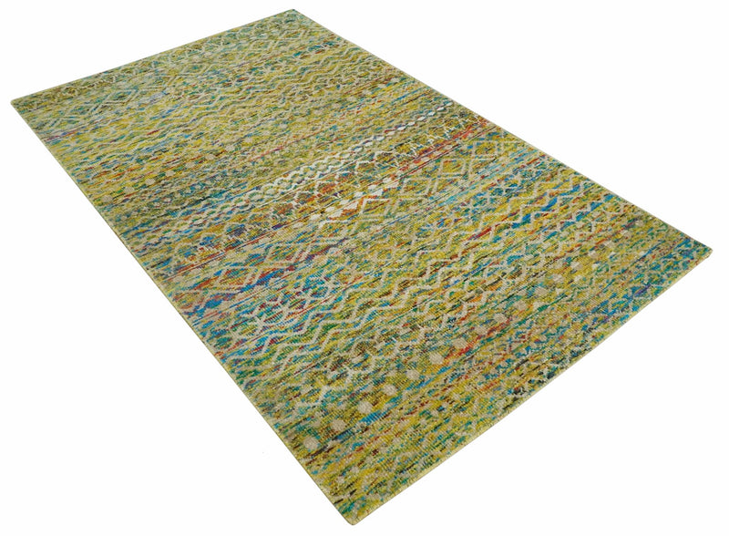 Hand Knotted Mustard, Aqua, Brown and Ivory 5.7x9 Modern Contemporary Southwestern Tribal Trellis Recycled Art Silk Area Rug - The Rug Decor
