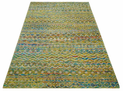 Hand Knotted Mustard, Aqua, Brown and Ivory 5.7x9 Modern Contemporary Southwestern Tribal Trellis Recycled Art Silk Area Rug - The Rug Decor