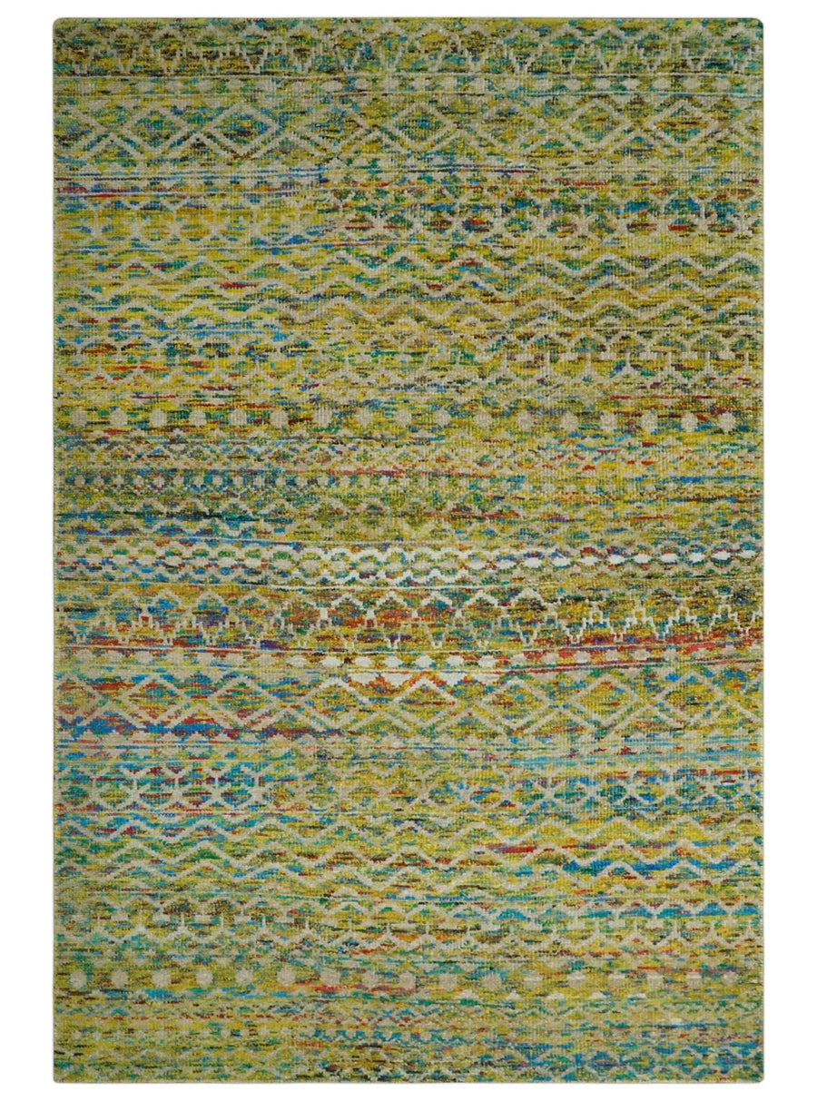 Hand Knotted Mustard, Aqua, Brown and Ivory 5.7x9 Modern Contemporary Southwestern Tribal Trellis Recycled Art Silk Area Rug - The Rug Decor