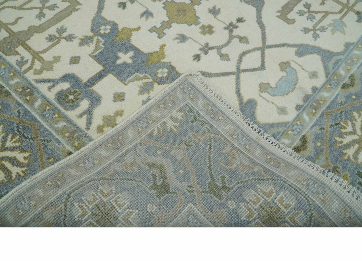 Hand Knotted Oriental Oushak Ivory, Charcoal and Beige Wool Area Rug - The Rug Decor