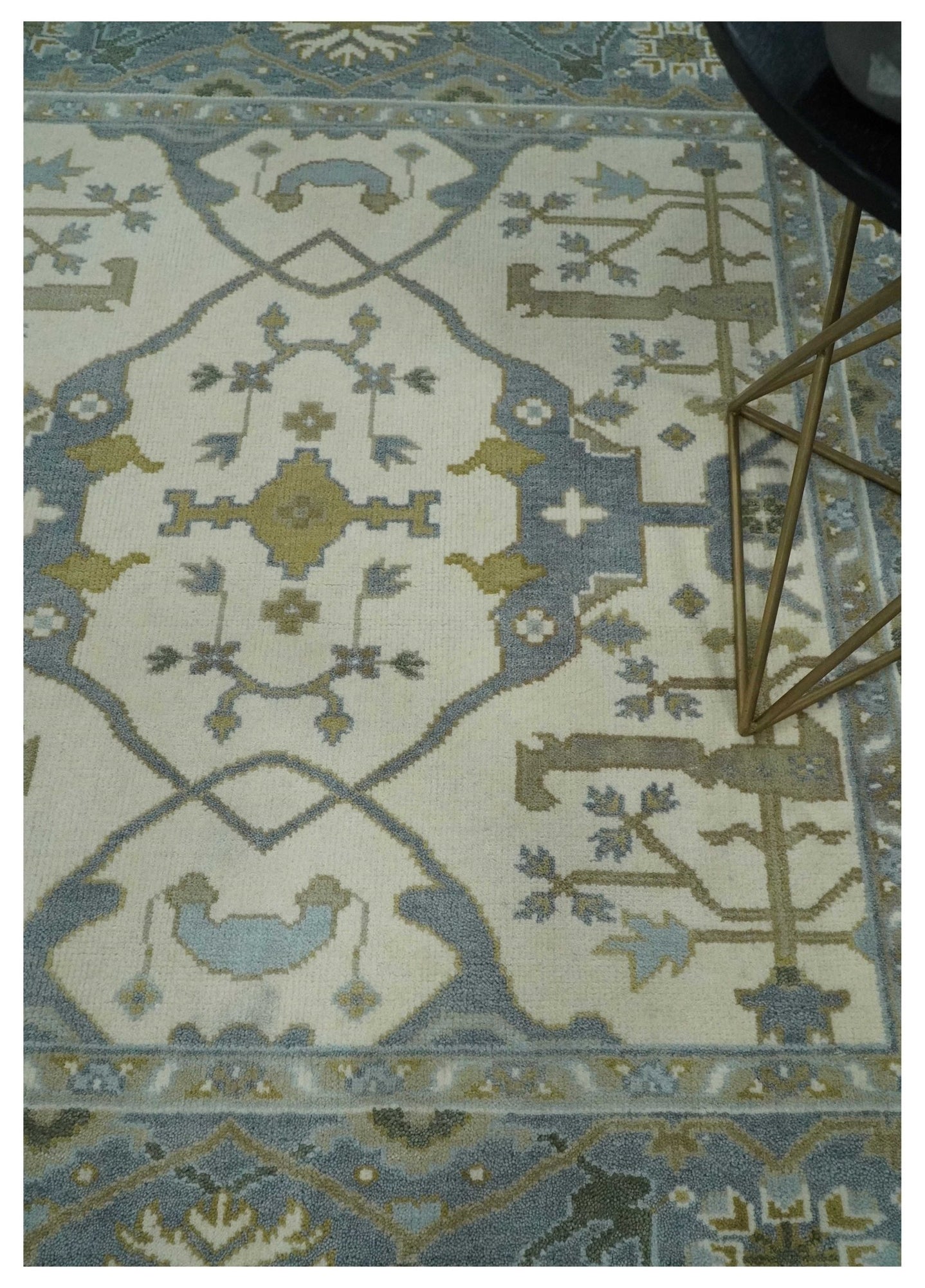 Hand Knotted Oriental Oushak Ivory, Charcoal and Beige Wool Area Rug - The Rug Decor